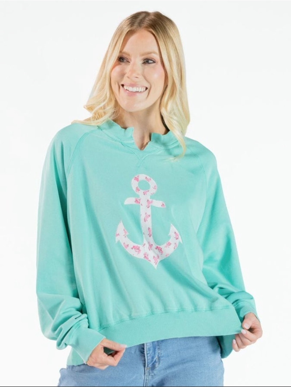 Simply Southern Mint Crewneck Sweatshirt with Floral Anchor- Medium